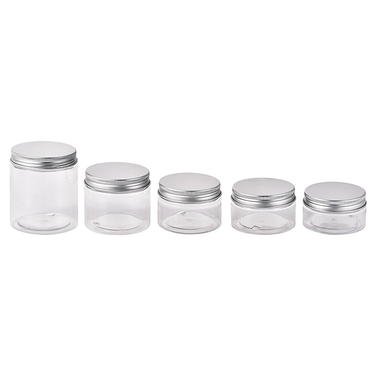 

Wholesale Food Grade Plastic Empty Jar Clear Plastic Round Storage Jars Wide-mouth Cosmetic Jars With Aluminum Silver Cap