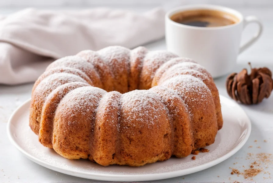 Finished monkey bread made with cinnamon rolls served on white plate with powdered sugar dusting and coffee cup