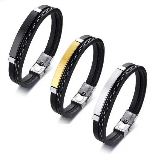 

Pu leather bracelet stainless steel leather men's bracelet, As picture