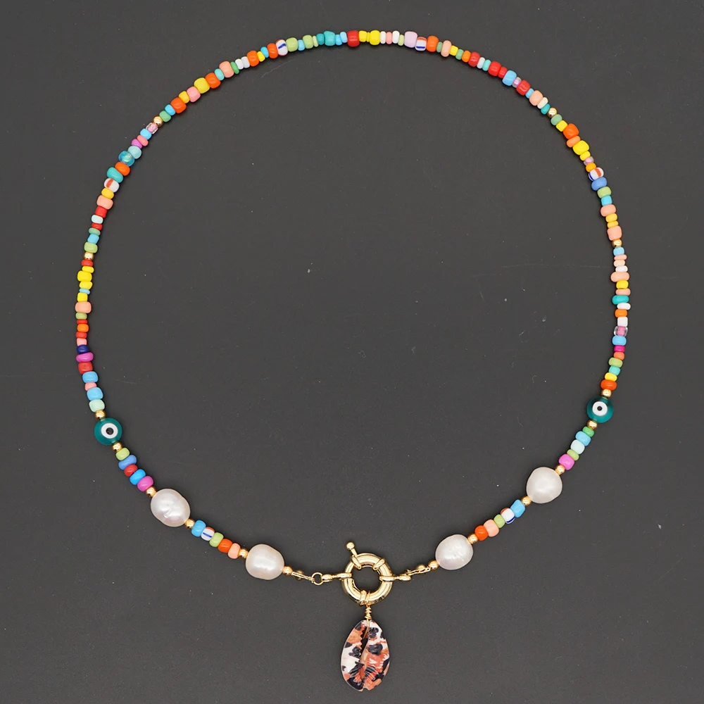 

Go2Boho Freshwater Pearl Necklace For Women Jewelry Fashion Rainbow Bead Jewellery Evil Eye Choker Seashell Pendant Necklaces