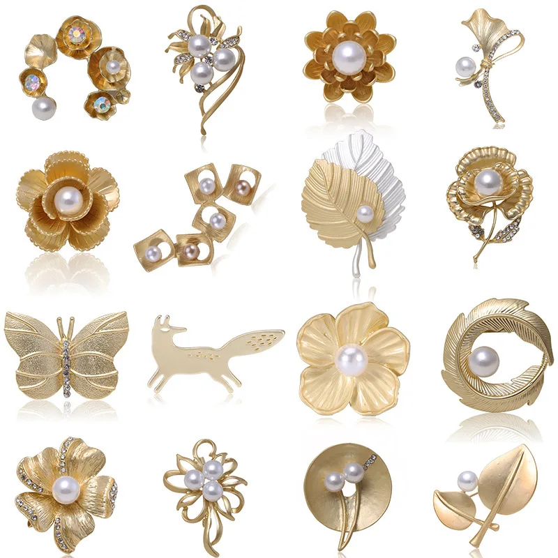 

Korean Version Metal Leaves Gold Flower Feather Plant Bowknot Pearl Crystal Brooch Set Custom Women Jewelry Brooches Pins, As picture shows