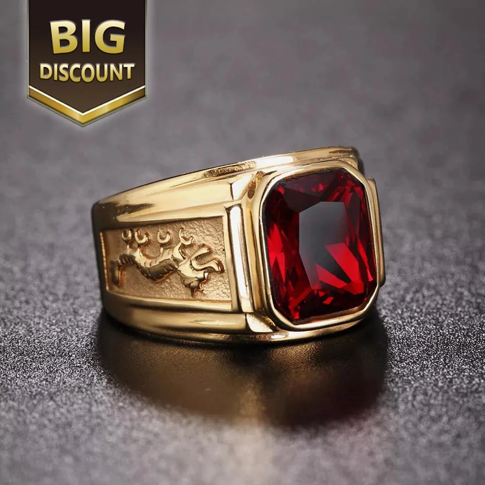 

Multicolor Personality Bague Titanium Steel Mens Fashion Rings Retro Golden Double Dragon Gemstone Ring