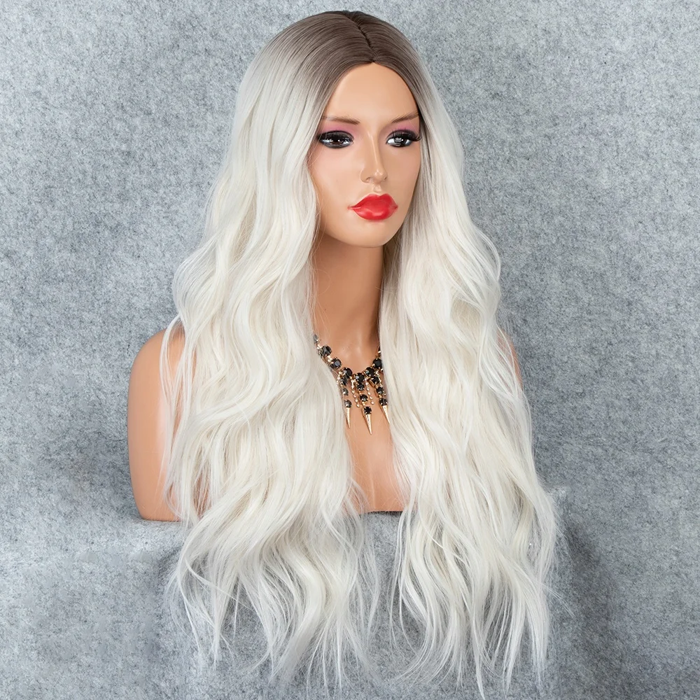 

Aliblisswig Natural Looking Dark Root Ombre Blonde Long Wavy Middle Part Heat Friendly Fiber Hair None Lace Synthetic Wigs