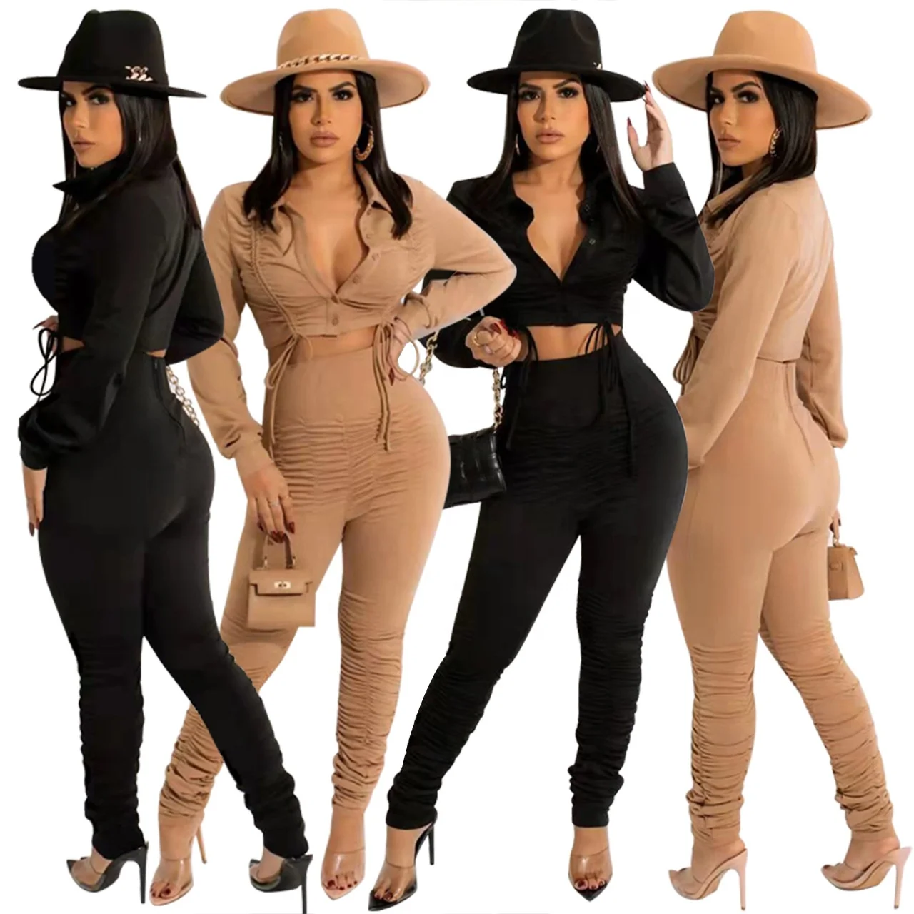 

2022 Spring New Design Women Clothing Drawstring Crop Top High Waist Stacked Pants 2 Piece Set Lady Sexy Pleated Outfits