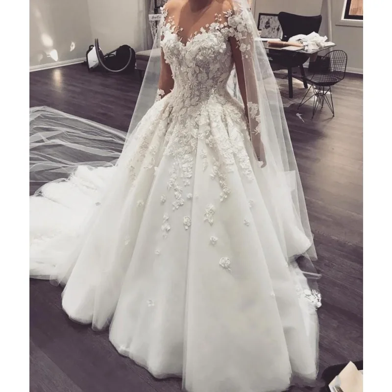 

Autumn Winter Wedding Dresses Sheer Neck Long Sleeves Lace Appliques 3D Flowers Beaded Plus Size Court Train Tulle Bridal Gowns, Custom made