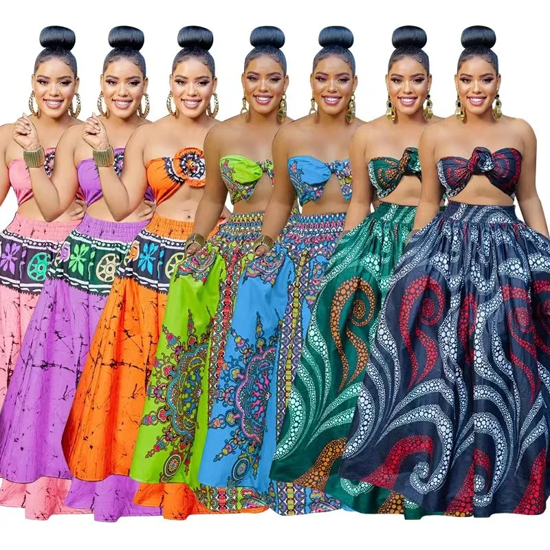 

Drop shipping Women Lace-up Tube Top And Ethic Boho Printed Skirt Suits Lady Plus Size Dashiki African Summer Sexy Wear Sets