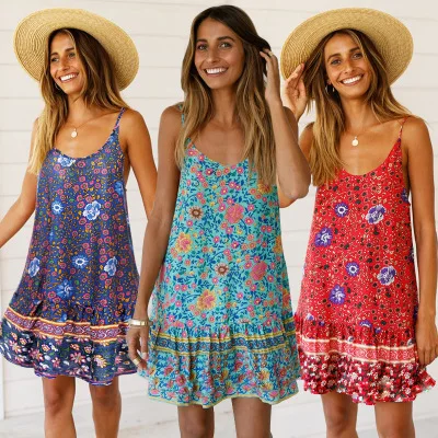 

2020 Latest Ladies Casual Loose Summer Boho Clothing Sexy Short Mini Blue Floral Printed Spaghetti Strap Boho Rayon Dress Women, Blue or custom fall casual rayon beach dress