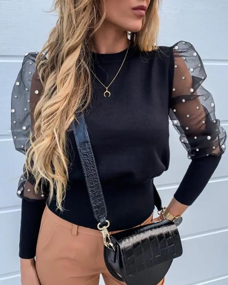 

2020 Women's Top Pearl Round Neck Lace Gauze Puff Sleeve Bottoming Shirt ladies blouse, Customized color/as show