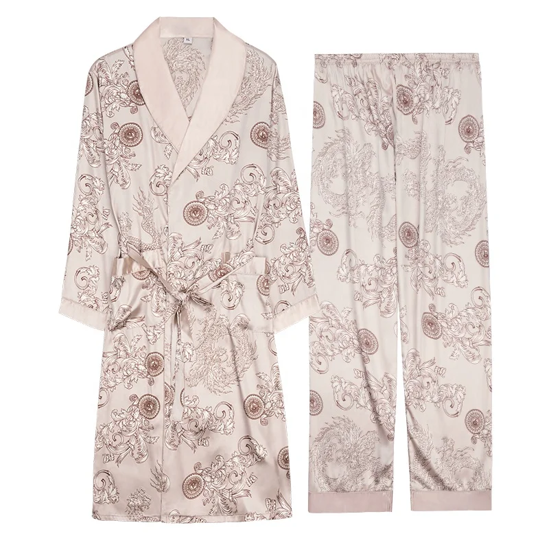 

2020 factory printed breathable satin mens sleepwear robe long pant sets