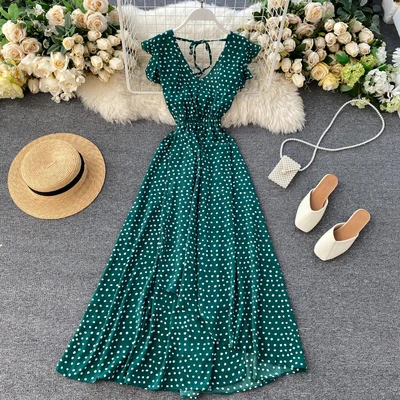 

2020 spring summer hot style print polka dot sexy beach dress women chiffon dress