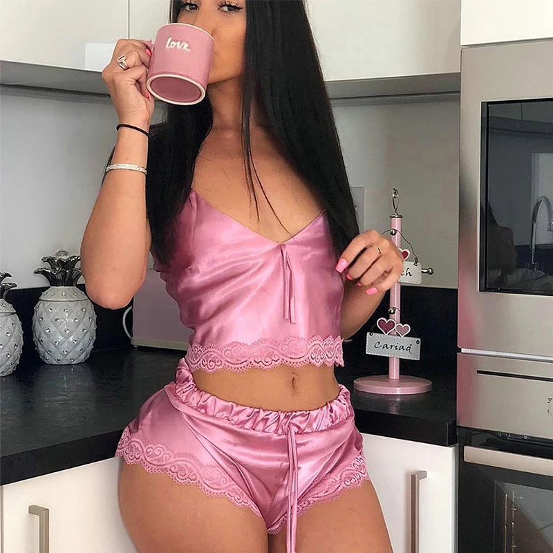 

Ladies Sexy 2 Piece Satin Silk Pajama Set Sleeveless Pyjamas Sleep Shorts Set Lace Pijama Suit Sleepwear For Women Sexy Nighties, Picture shows