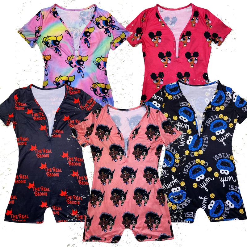 

Stretchy Button Printed Cheap Clothes Short Sleeve Cartoon Powerpuff Girls Onesie For Women One Piece, Customized color