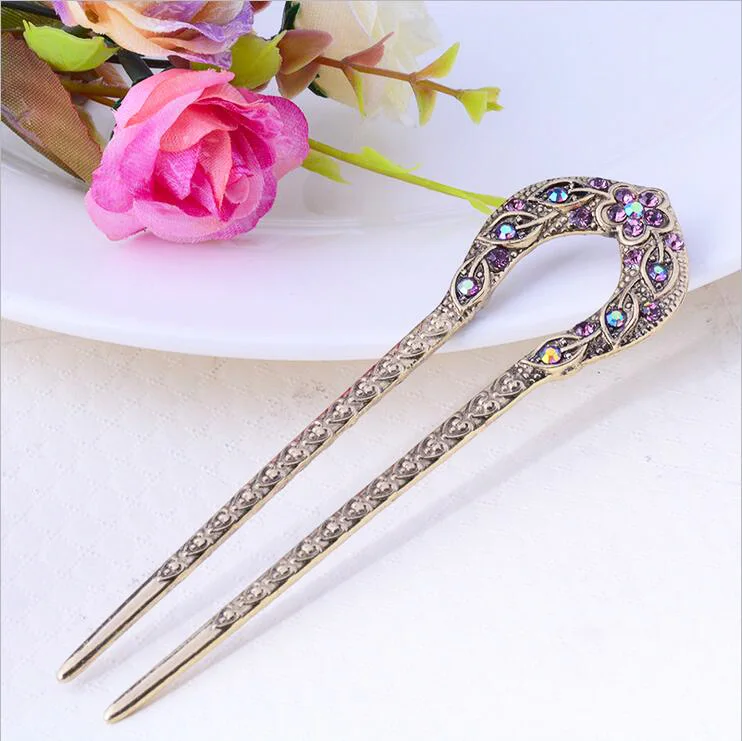 

Vintage Hair Accessories Antique Bronze Plated Hairpins U shape Hair Stick Pin Women Rhinestone Flower Hair Jewelry