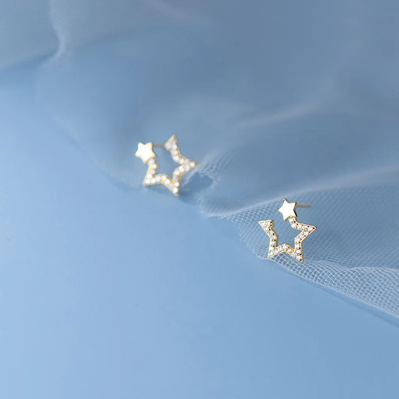 Fashion Jewelry 925 Sterling Silver Simple Earrings Hollow Star Diamond Gold Plated Stud Earrings for Women