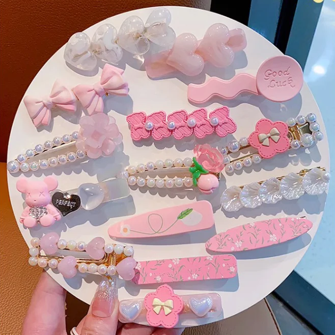 

Wholesale Cartoon Cute Children Heart Flower Pink Hairpin Set Pearls Barrettes Hair Accessories For Girls Kids Hair Clip