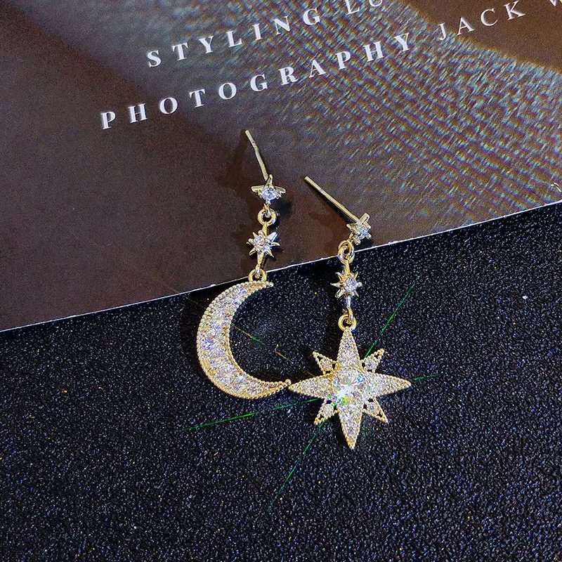 

New extravagant KYED0694 shine asymmetrical moon and star drop earrings for women