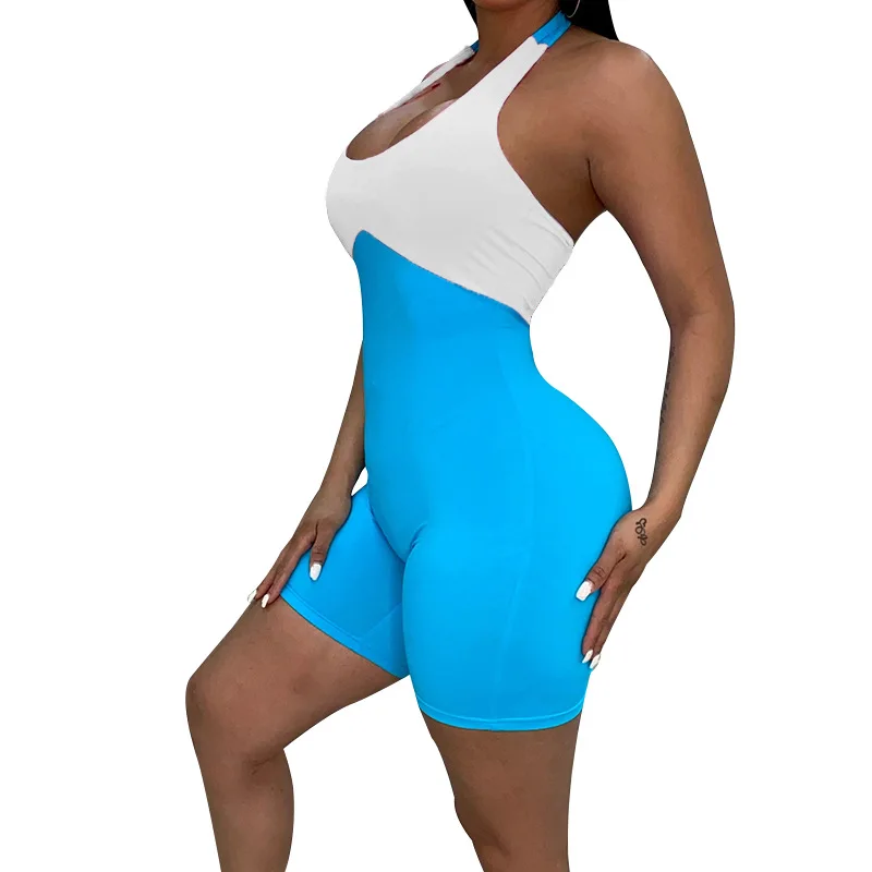 

Women Fashion Chic Colorblock Halter Bodycon Fitted Casual Sport Gym Jumpsuit Bodysuit