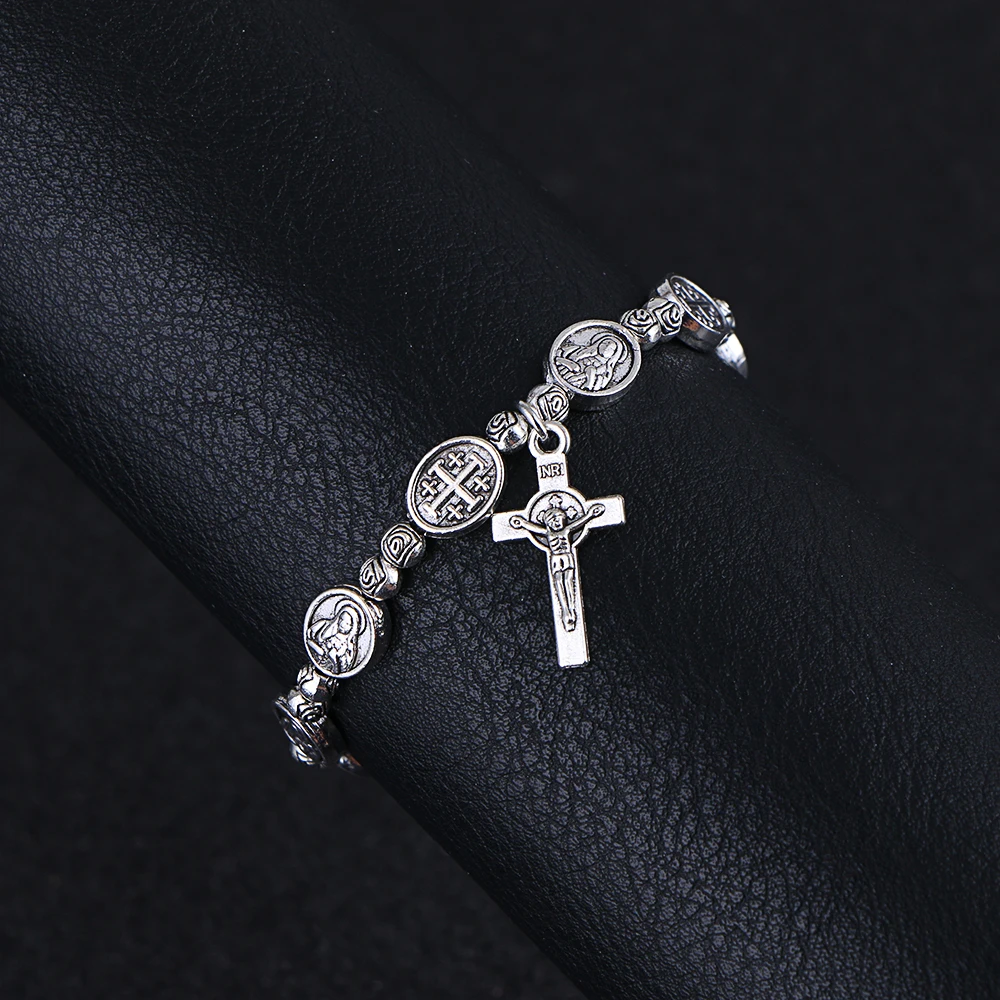 

Komi Handmade Rosary Bracelet Elasticated Metal Bracelet Round Rose Alloy Beads Catholic Saints Images Prayer Bracelets R-036