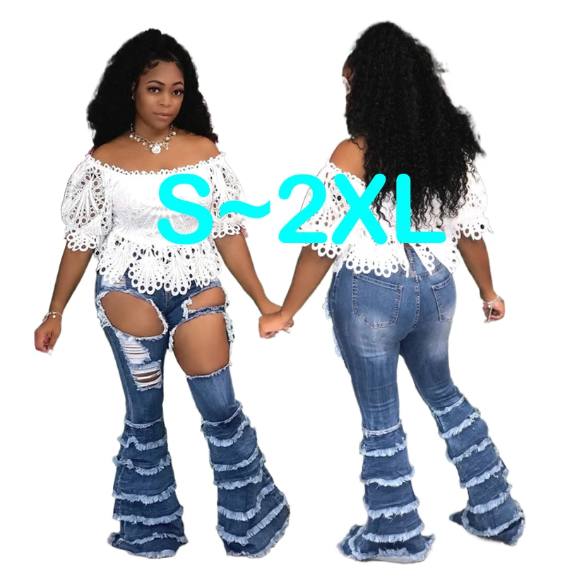 

New Summer Fashion Stretch 2021 Blue High Waist Ripped Skinny Flare Jeans Women