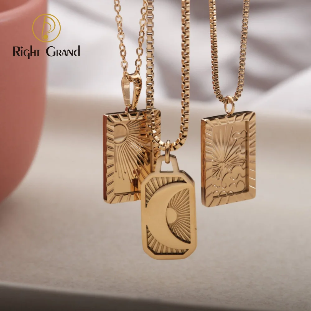 

Wholesale Women PVD 18K Gold Plated Sunburst Necklace Stainless Steel Sun Moon Rectangle Pendant Necklace Jewelry