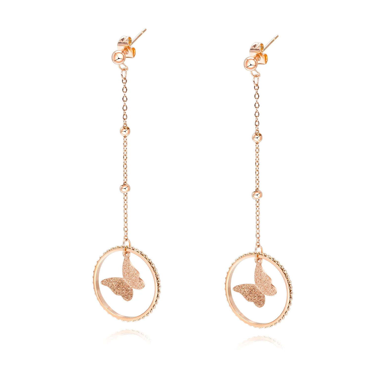 

Newest Fashion Long Stainless Steel Butterfly Drop Earring Long Bead Chain Circle Butterfly Earring For Girls