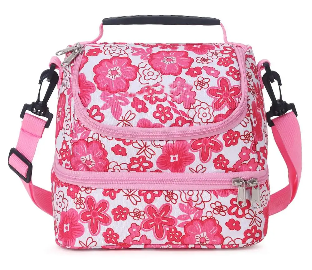 

New Fashion Double Decker Insulated Lunch Box Pink Soft Cooler Bag Thermal Lunch Tote with Shoulder Strap, Customized