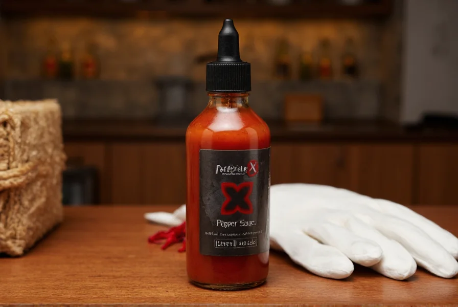 Close-up photography of Pepper X sauce bottle with dropper applicator on wooden table with protective gloves nearby