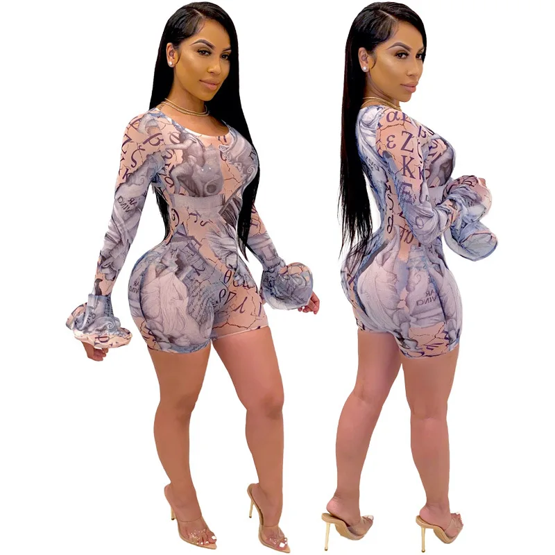 

jofz1433 women mesh see through long sleeve jumpsuit, Apricot