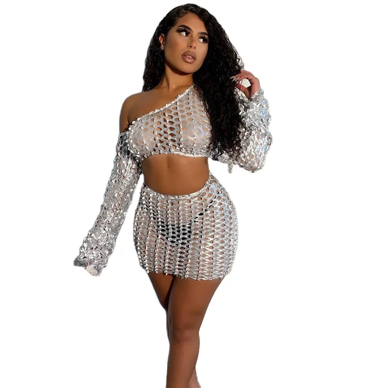

Sexy Hollow Out Long Sleeve Two Piece Outfits Short Women Clothing Sets Crop Top And Skirt Set, Silver