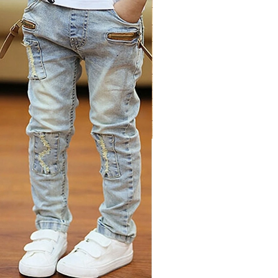 

Wholesale 4-13 Years Children Fashion Jeans Boys Classic Denim Long Trousers Hole zipper Straight Kids Jeans Pants, Prints, letters, stripes