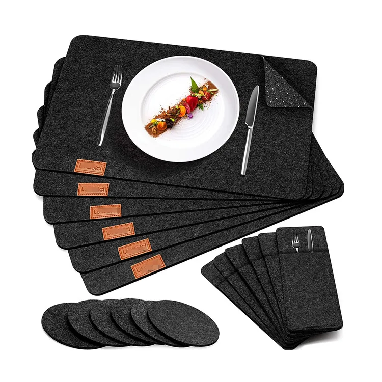 

non-slip place mat washable table mat felt placemat set with coasters and cutlery pockets for Dinning, Dark gery
