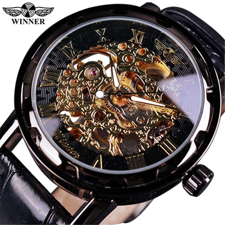 

WINNER GMT875 Black Gold Male Clock Top Brand Luxury Montre Leather Wristwatch Men Mechanical Watch