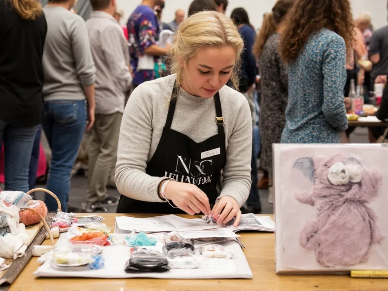 Artist arranging handmade goods at Renegade Craft Show booth