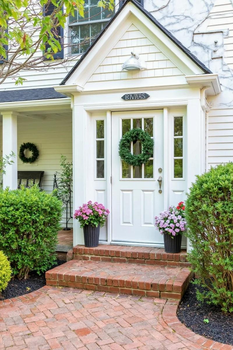 Symmetrical boxwood plants on either side of front door