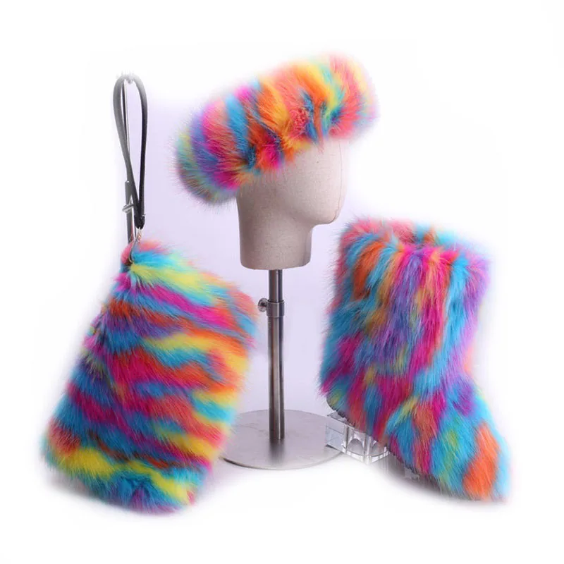 

women winter colorful faux fox fur snow boots matching purse and headband boots