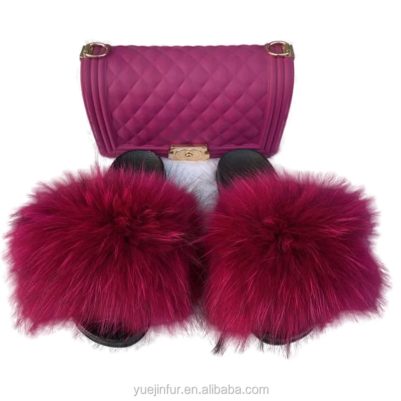 

Slides With Purses Sets Factory Wholesale Colorful Slides With Purses Sets Soft Sole Real Fox Fur Slides Sets, Customized color