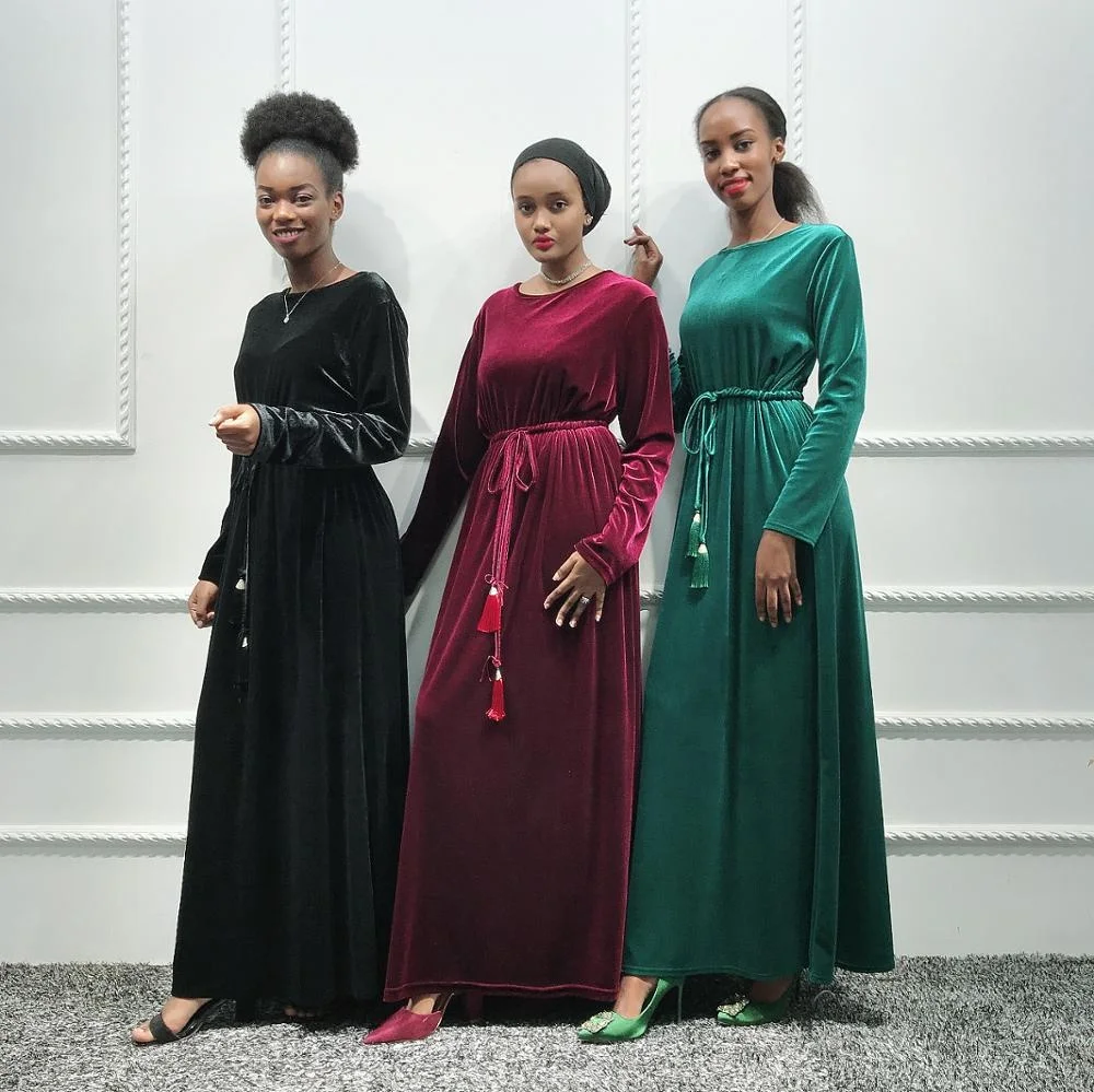 

Women muslim hijab dress velvet abaya moroccan dubai turkey kaftan islamic clothing, Black, navy,wine red, dark green