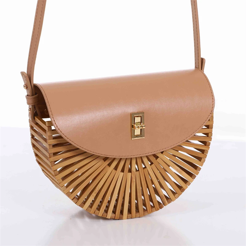 

Small Bamboo Half Moon Bag with PU Leather Handmade Semicircular Bamboo Clutch Bag women beach bag, Bamboo bags
