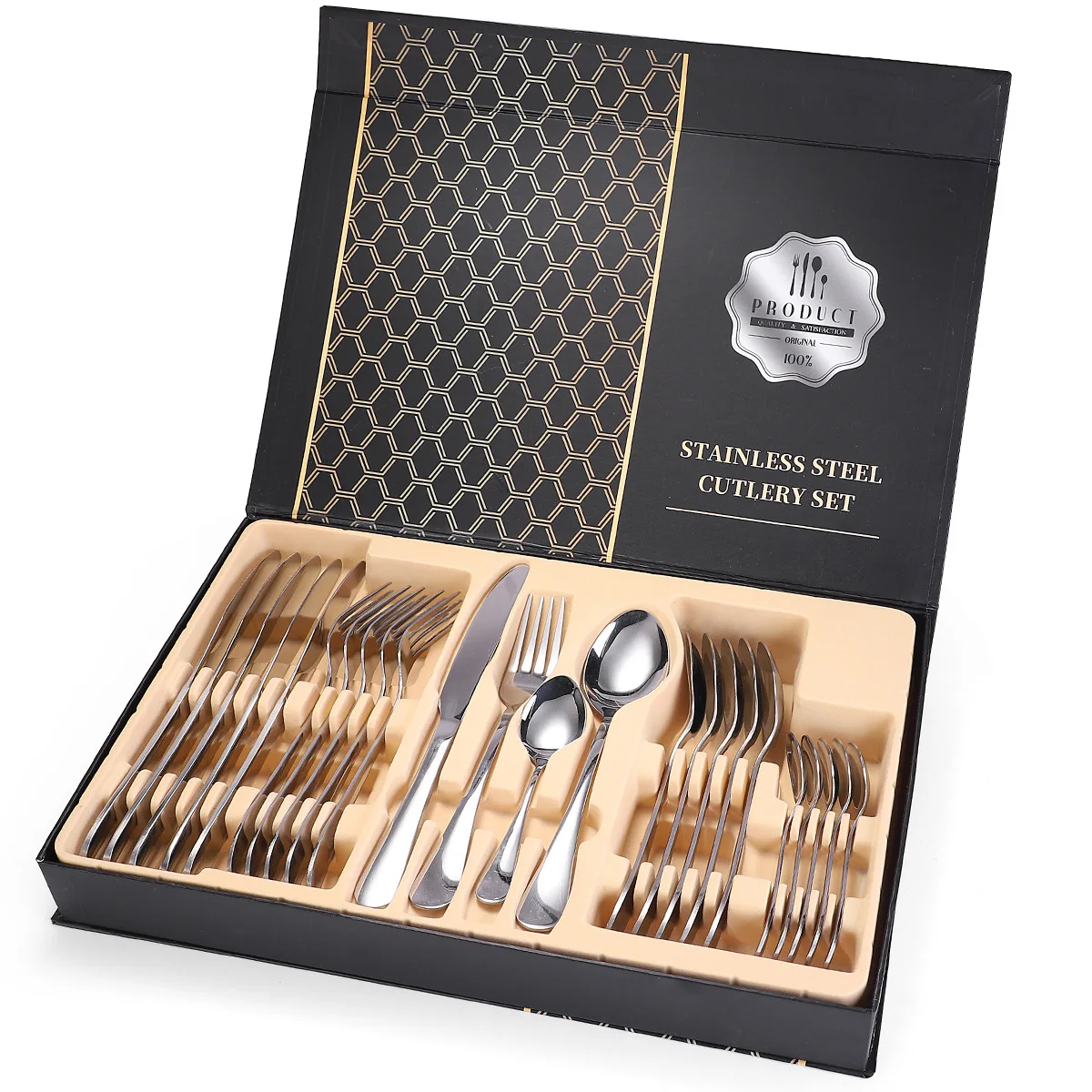 

Gold Flatware Silverware Set Stainless Steel Wholesale Titanium Gold Cutlery Set 24 pcs Gift Box, Iridescent/silver/gold/rose gold/black/blue