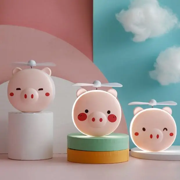 

Mirror Cosmetic Light Mini Pig Electric Fan With Makeup Mirror LED Light Pocket, Pink