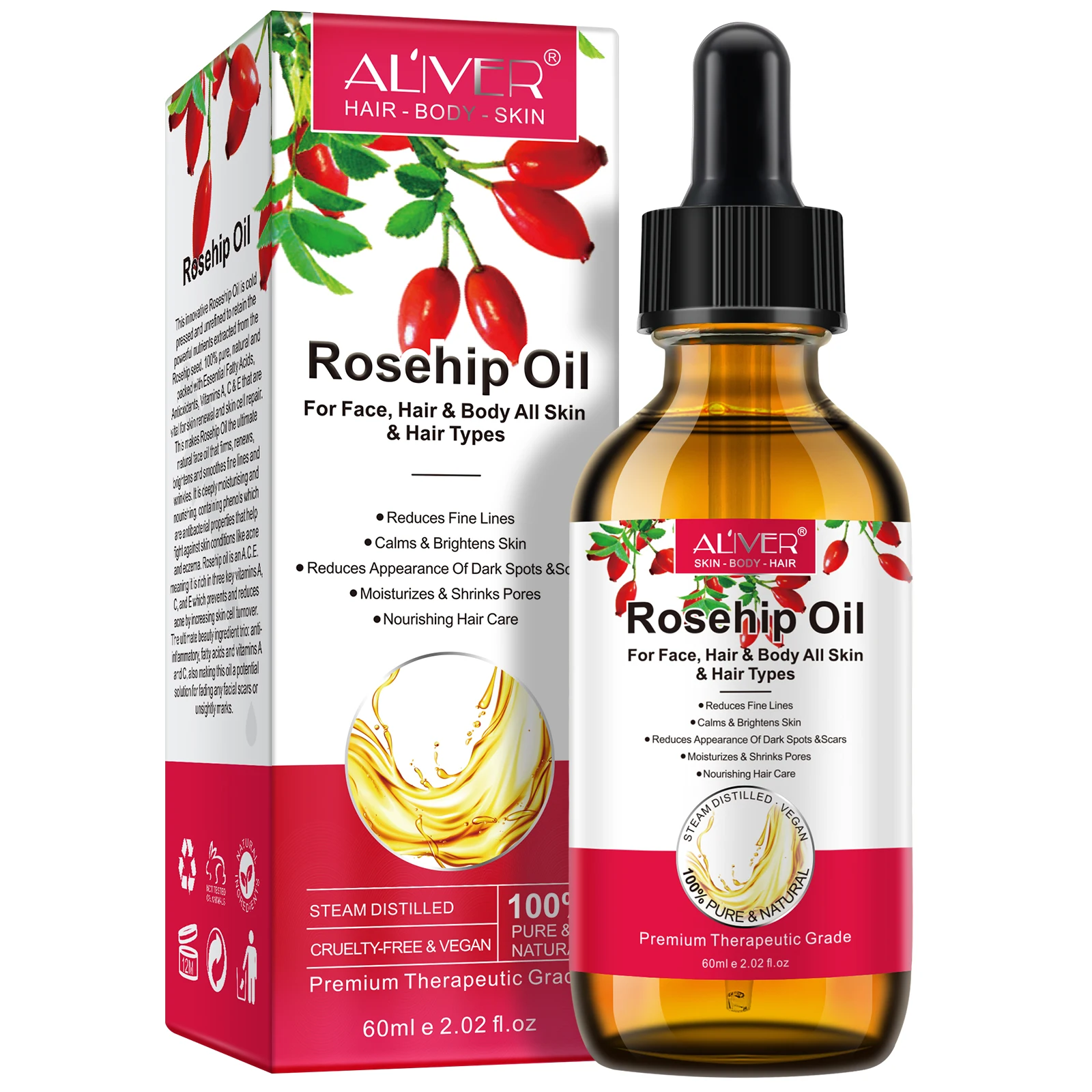 

ALIVER Hair Care 100% Pure Natural 60ml Rosehip Extract Essential Oil Organic for Face and Body