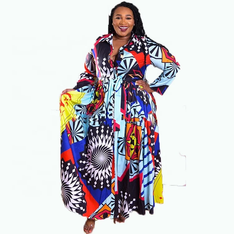 

2021 Fall digital printing oversized skirt with belt plus size women's dress