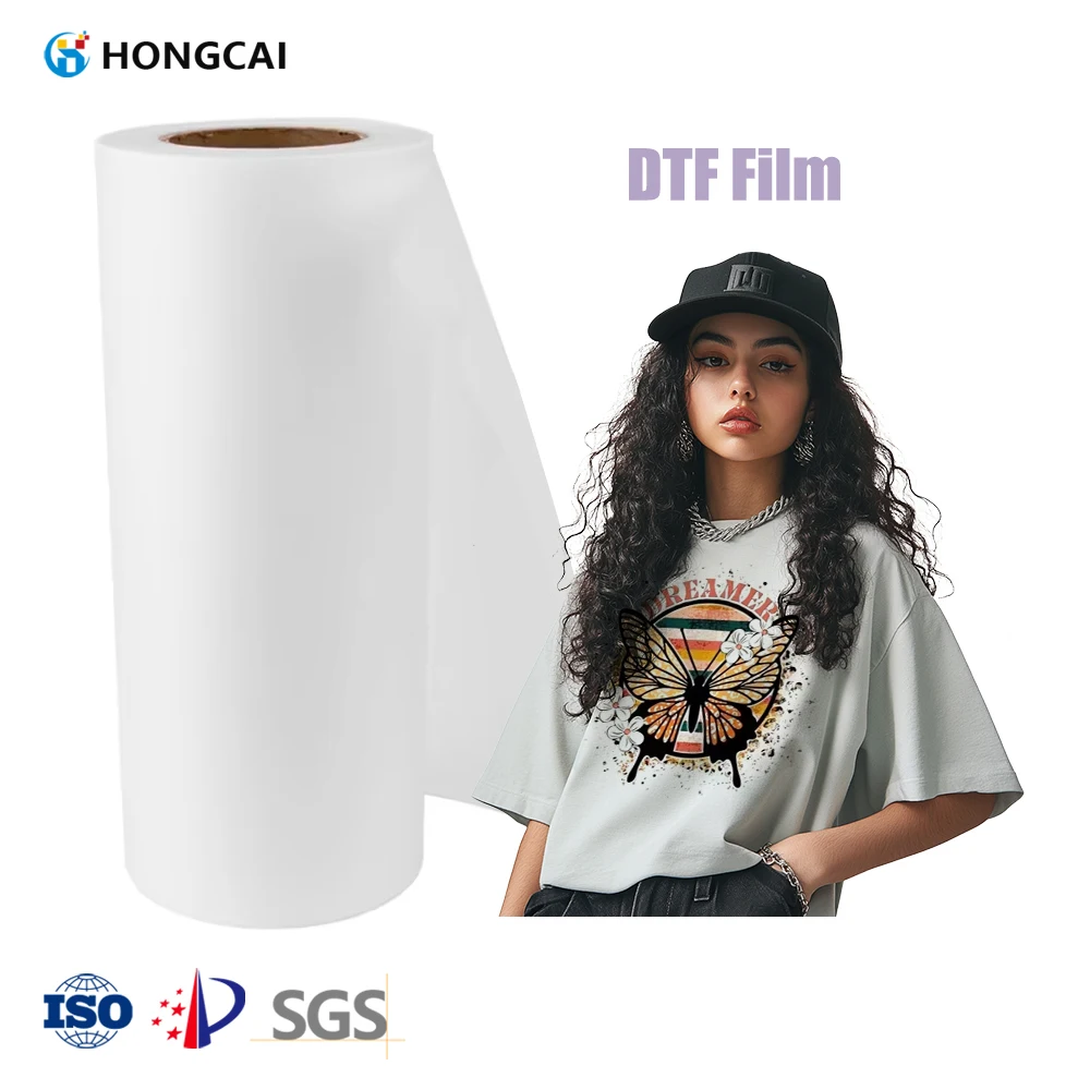 Hongcai 30CM/33CMX100M Hot Peel Dtf Film Double Sided Heat Transfer Film DTF Roll Hot Print Material for Custom Logo DTF Printer