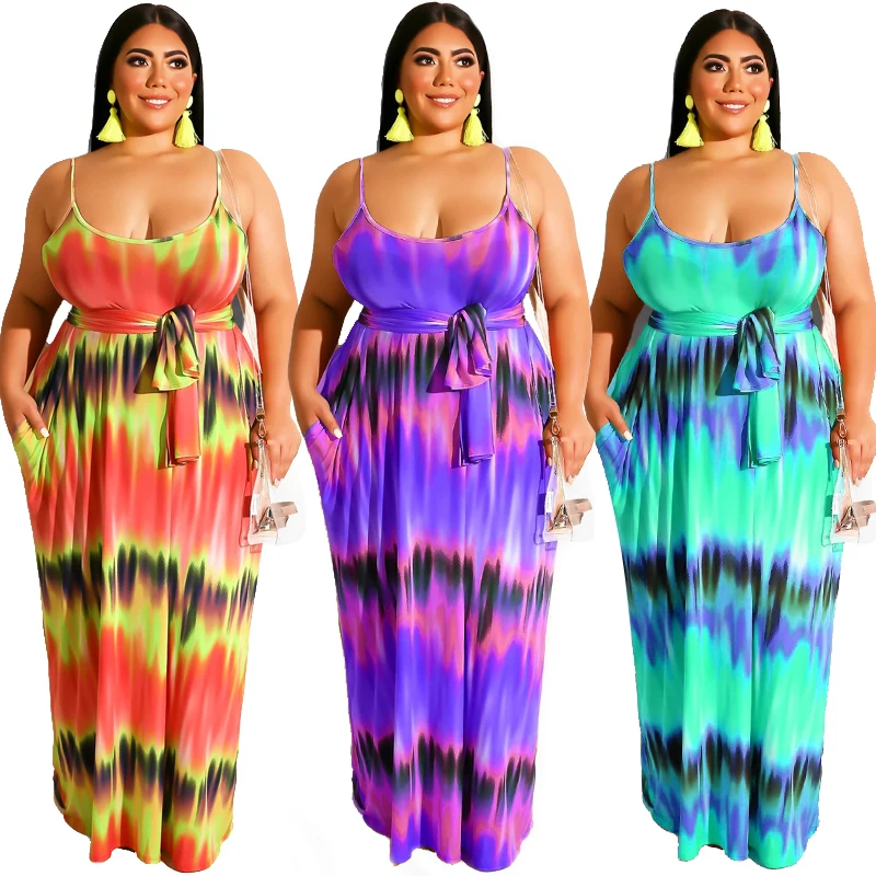 

FM-19389 Wholesale plus size womens boutique clothing tie-dye print with belt straight sexy halter summer maxi dress, As pics