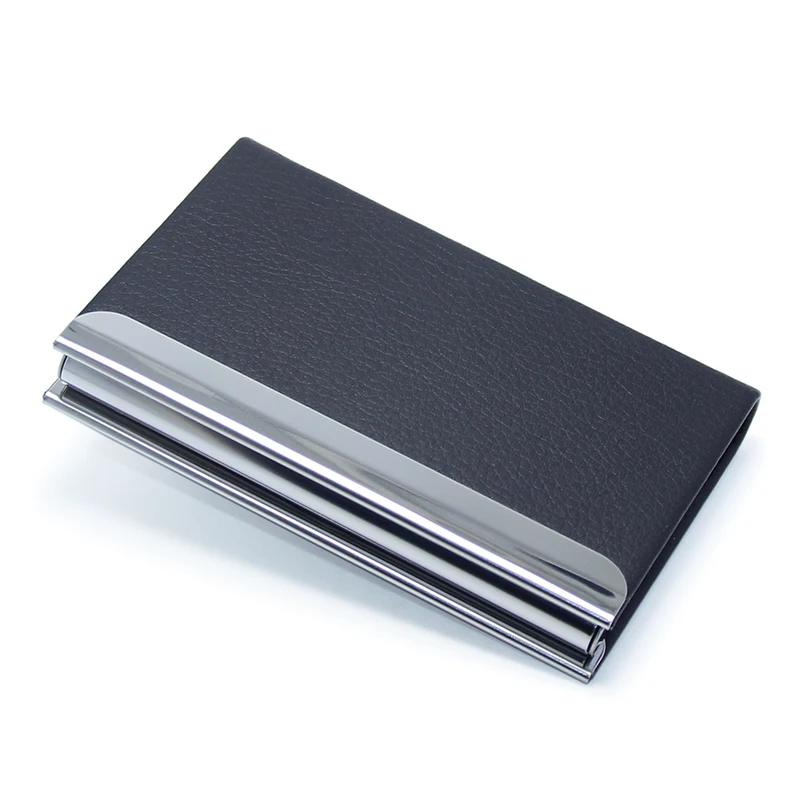 

PU Men Name Bank Cash ID Card Holder RFID Box Wallet Magnetic Lock Stainless Steel Metal Black Leather Luxury Business Card Case