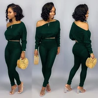 

Solid Off Shoulder Women Clothing Crop Top Two 2 Pieces Pant Set