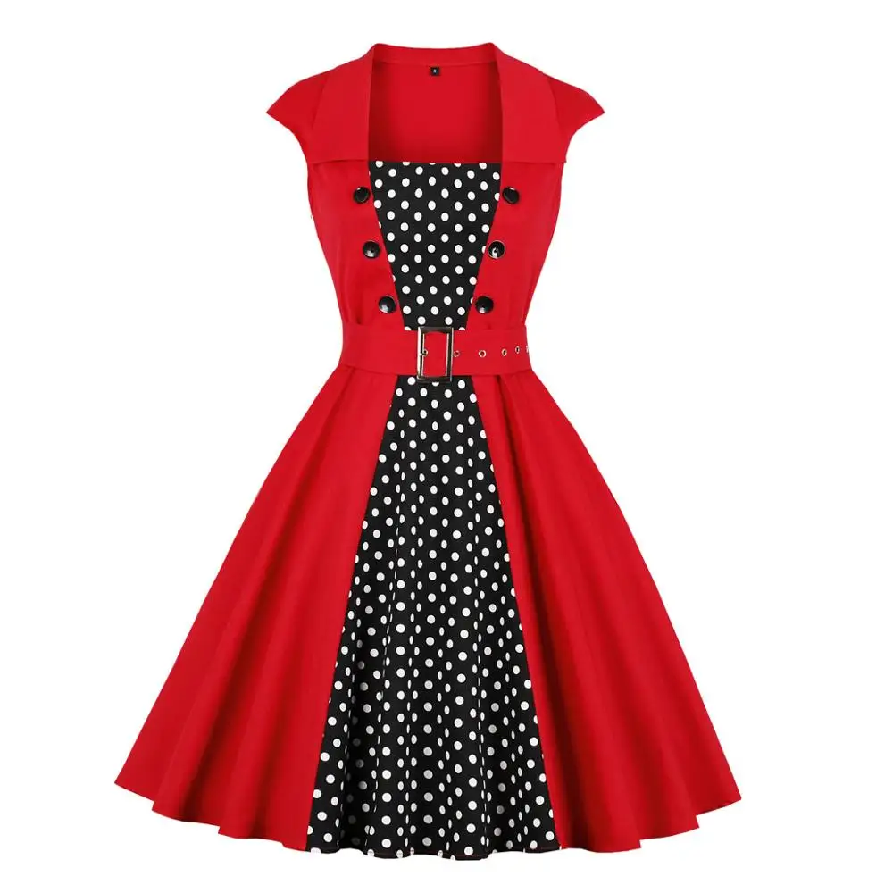 

50s 60s Retro rockabilly swing women dress buttons dot print splicing red work office dresses