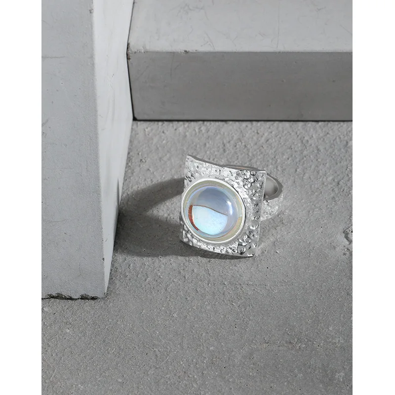 

Hot Selling Sterling Silver Gemstone Opening Ring 18K Gold Plating S925 Silver Opal Geometric Square Finger Rings For Girlfriend