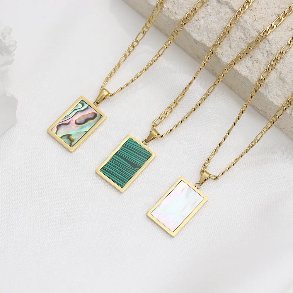 

Tarnish Free Square Pendant 18K Gold Plating White & Green & Abalone Shell Figaro Chain Stainless Steel Necklace