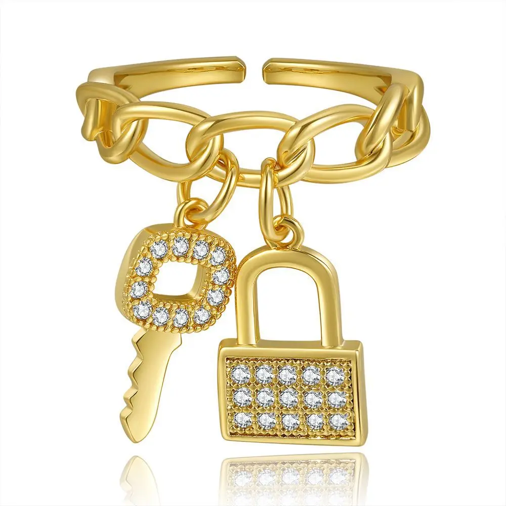 

Trendy 18K Gold Hollow Chain Rings Geometric Lock Key Charm Rings for Women Brass Finger Rings, Picture shows